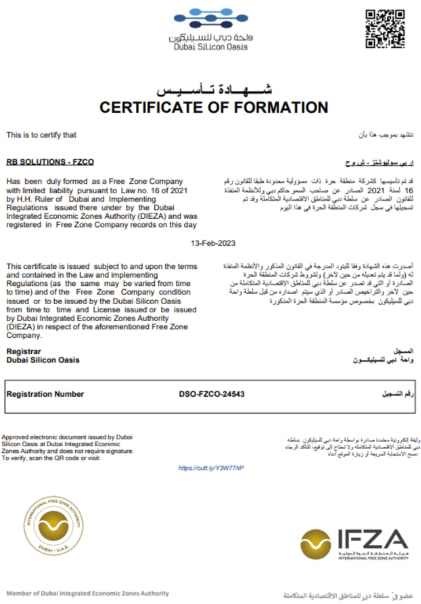 RB Solutions FZCO Certificate Of Formation